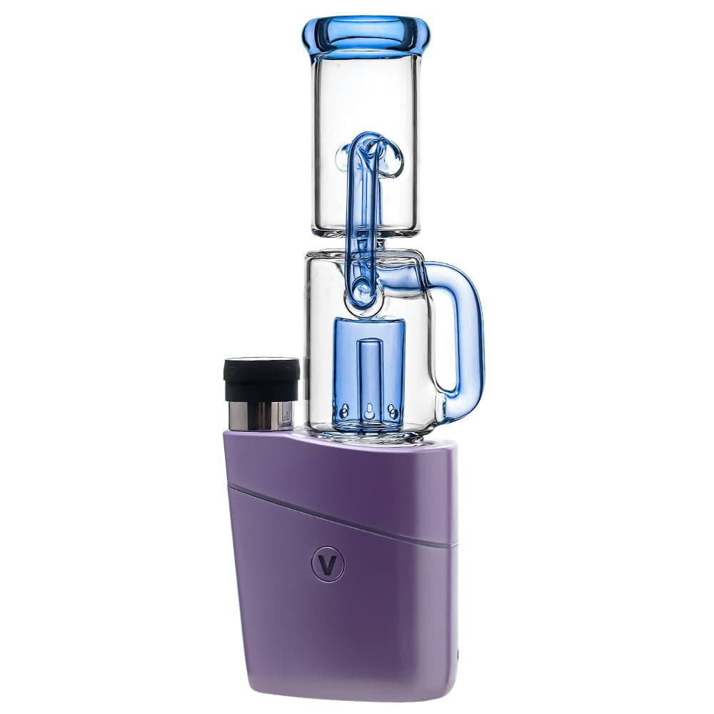 Calibear Recycler glass attachment in five colorways, including one blue unit mounted on a Focus V Carta e-rig base and four standalone clear, purple, smoky, and green units.