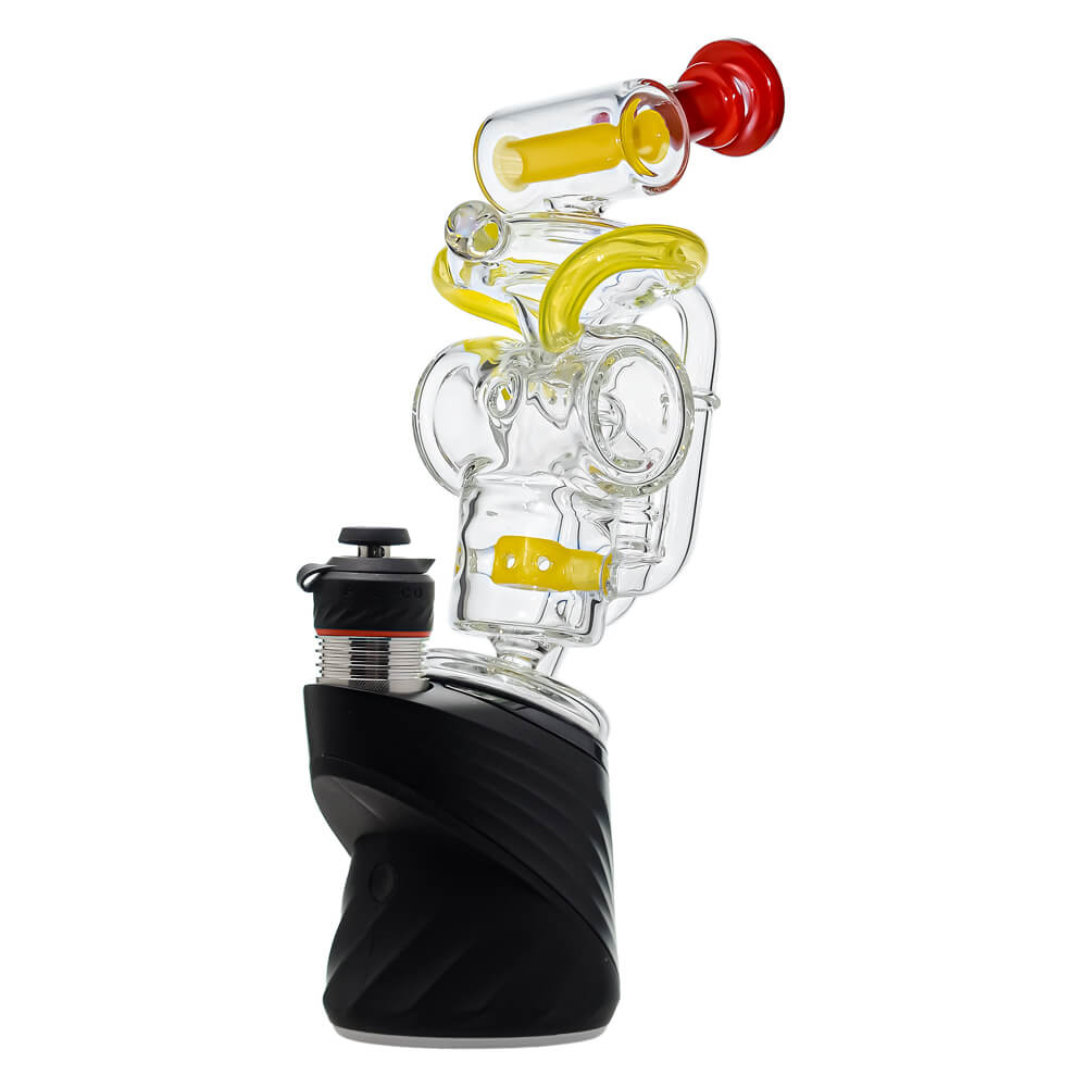 CaliBear Swiss Recycler glass attachment for Puffco Peak Pro with yellow and red accents and encased opal.