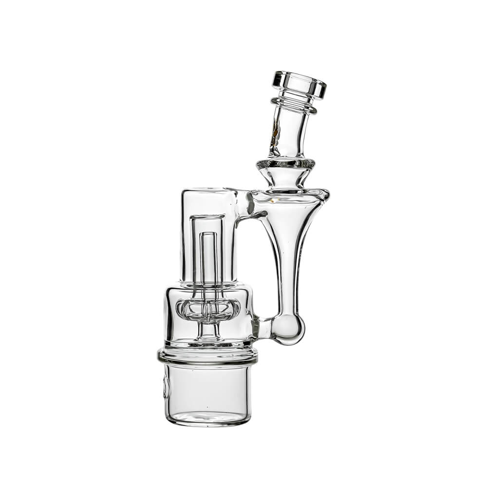 Calibear RBR Recycler Glass Attachment mounted on a Dr. Dabber Switch 2 device next to a standalone clear glass recycler attachment.