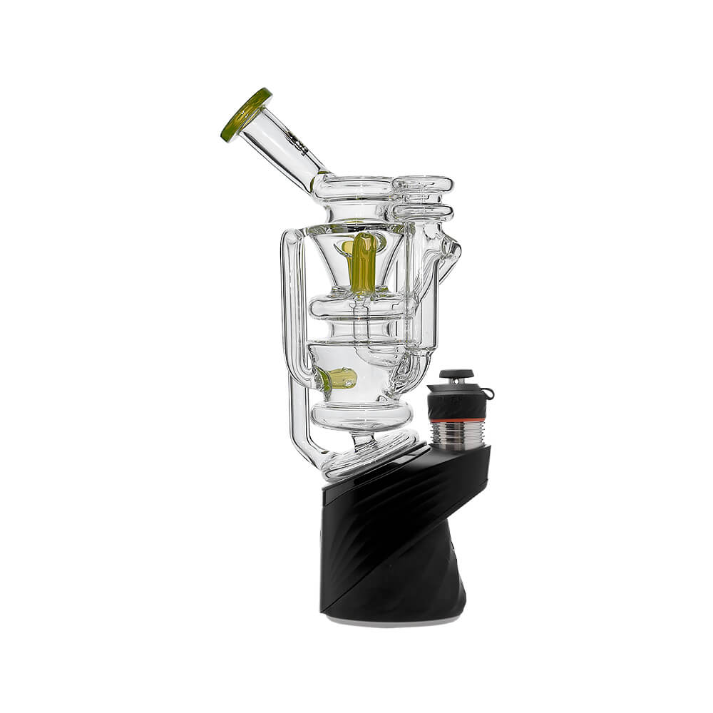 Calibear vortex recycler for Puffco Peak — spinning tornado water circulation (lifestyle shot)