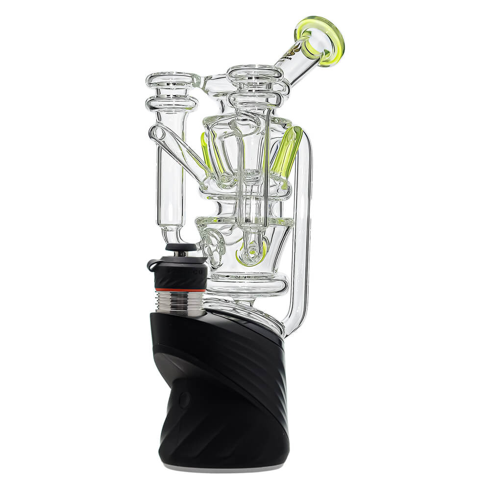 Calibear vortex recycler for Puffco Peak — spinning tornado water circulation (in-hand size reference)