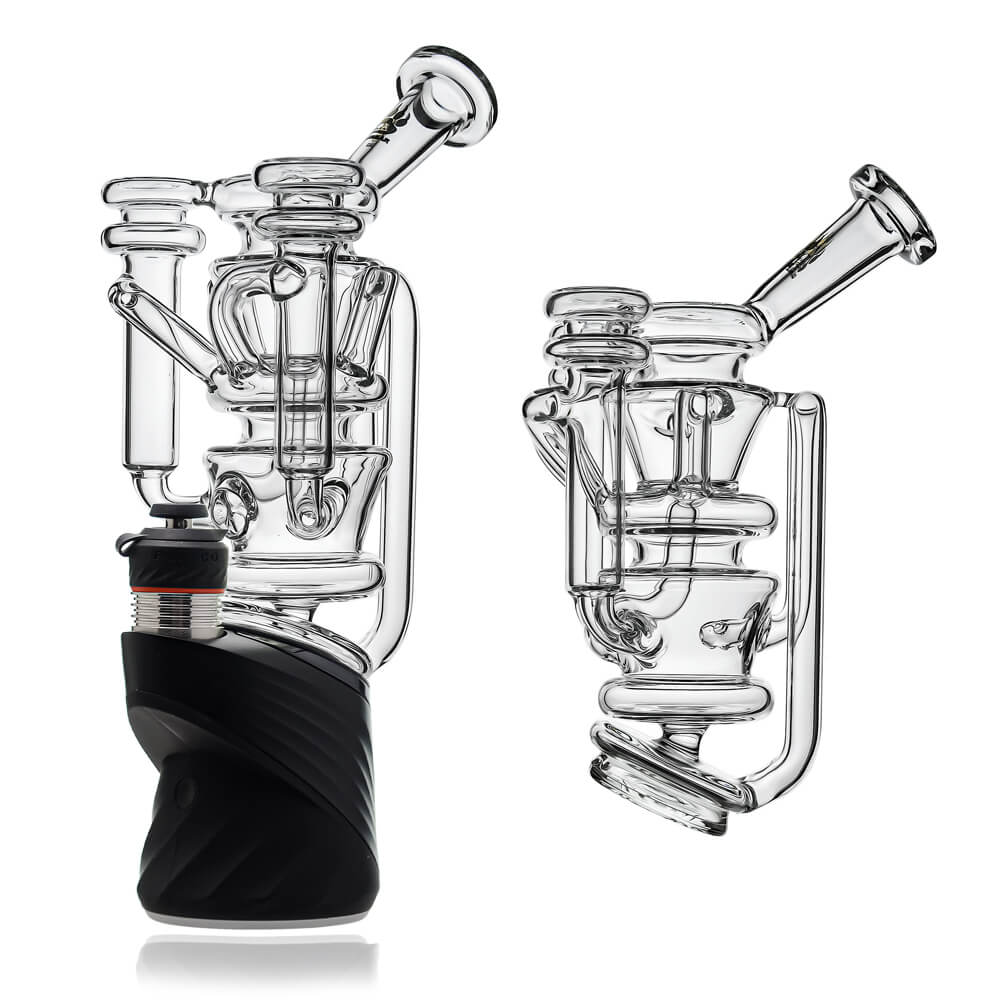 Calibear vortex recycler for Puffco Peak — spinning tornado water circulation (angle view)