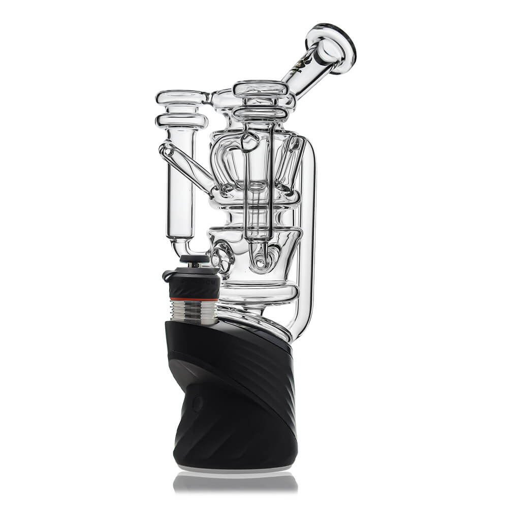 Calibear vortex recycler for Puffco Peak — spinning tornado water circulation (lifestyle shot)