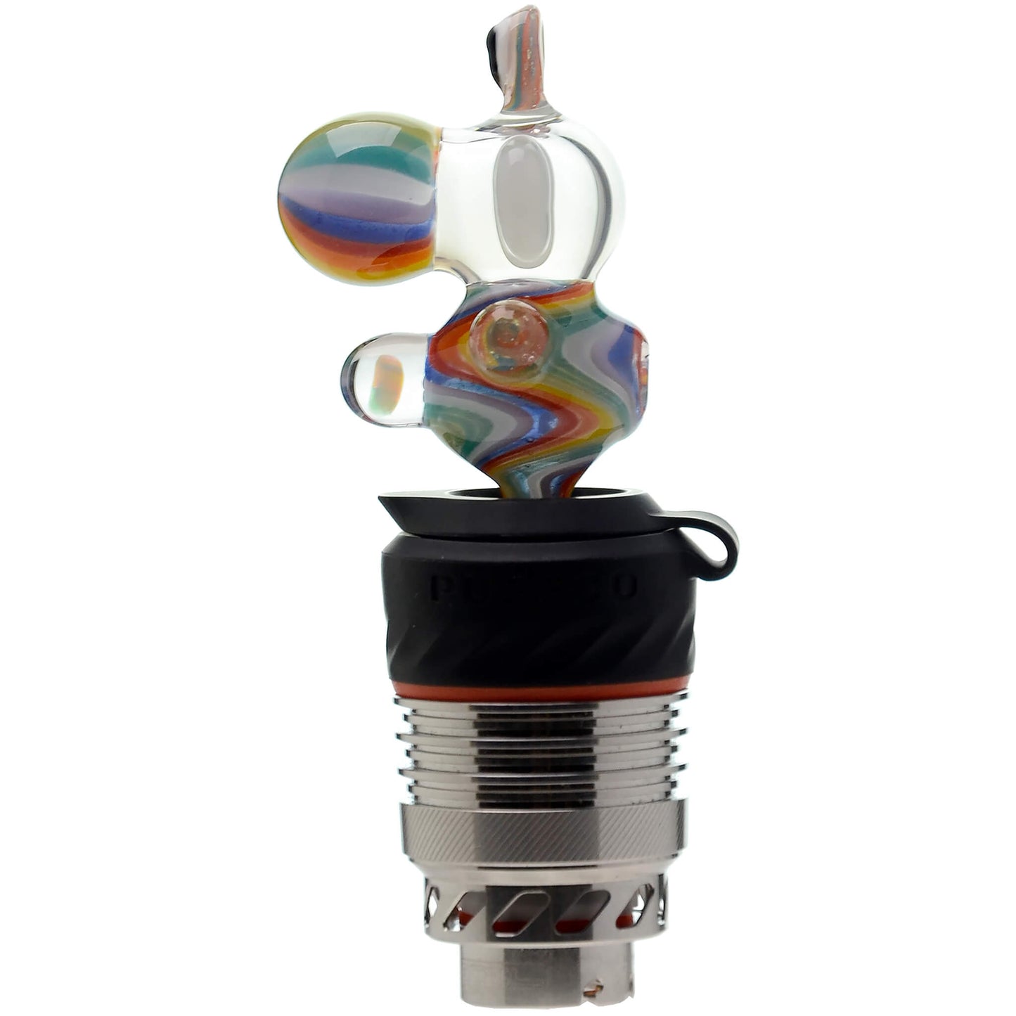 Five different color options of the Calibear Wigwag Yoshi 3DXL Joystick Carb Cap with encased opals, mounted on Puffco Peak Pro 3DXL metal chambers, showcasing hand-blown character glass bodies with vibrant rainbow, blue, teal, and orange wigwag linework patterns.