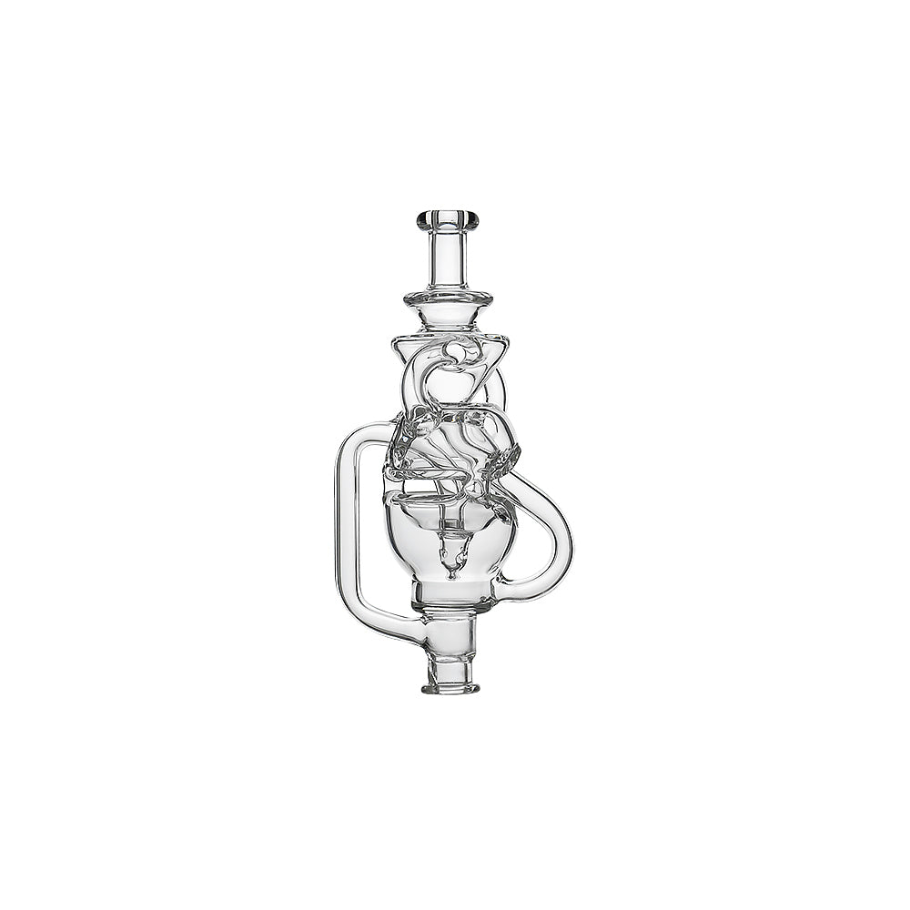 Two Calibear Fabcycler Pivot glass attachments showing complex internal recycling paths and fab egg holes on a white background.