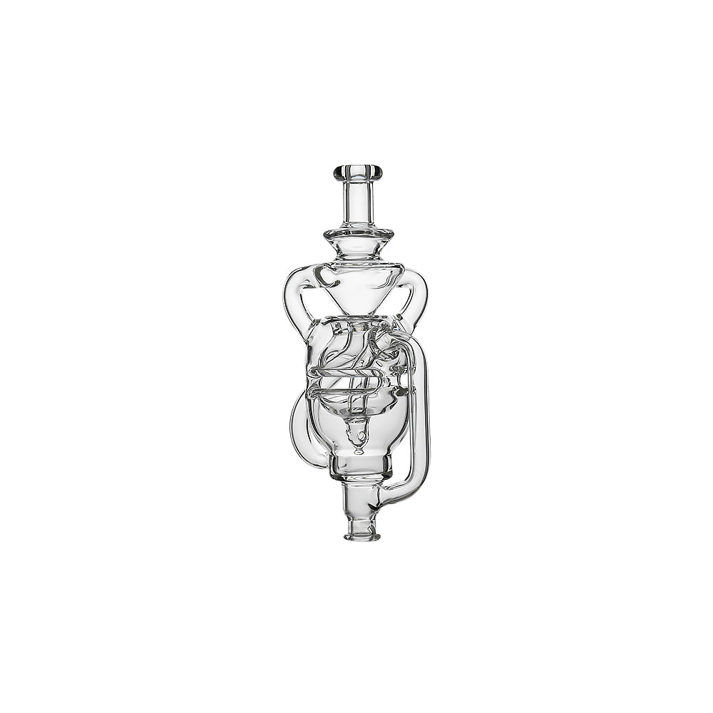 Two Calibear Fabcycler Pivot glass attachments showing complex internal recycling paths and fab egg holes on a white background.