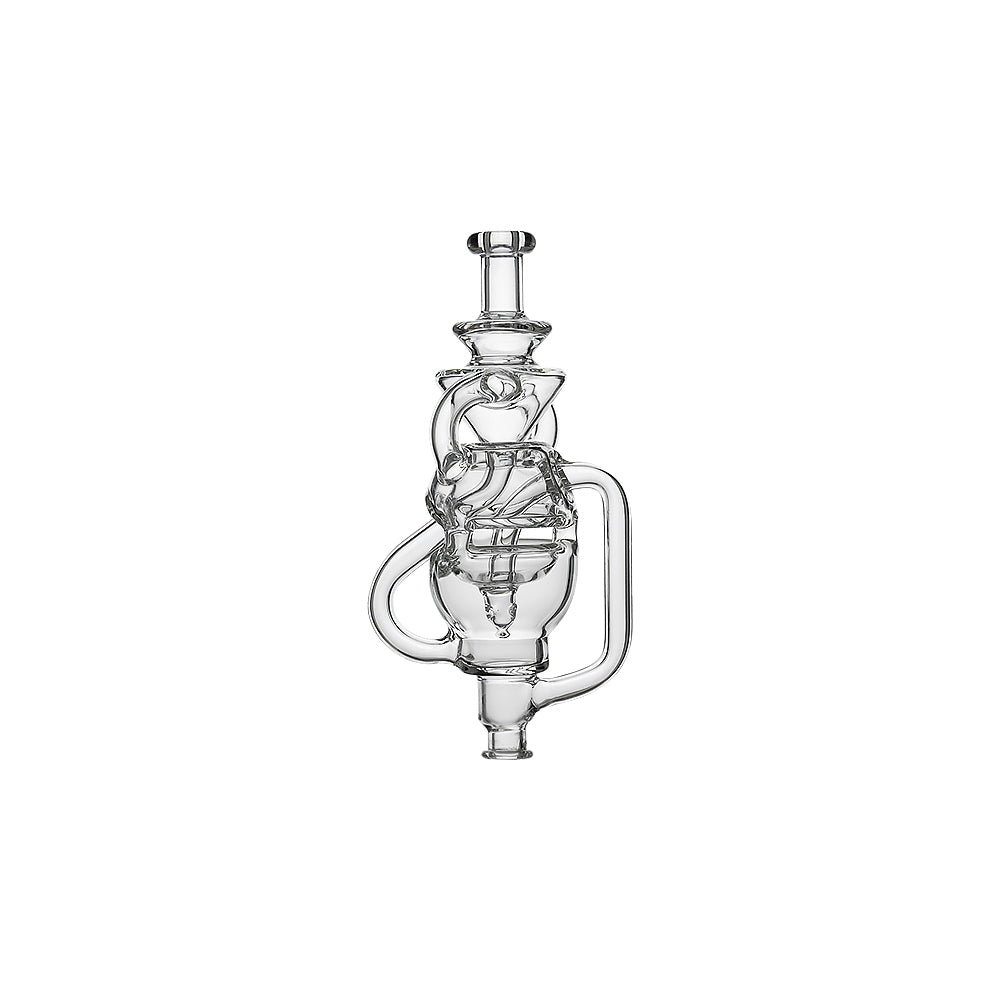 Two Calibear Fabcycler Pivot glass attachments showing complex internal recycling paths and fab egg holes on a white background.
