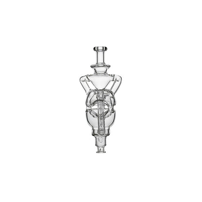 Two Calibear Fabcycler Pivot glass attachments showing complex internal recycling paths and fab egg holes on a white background.