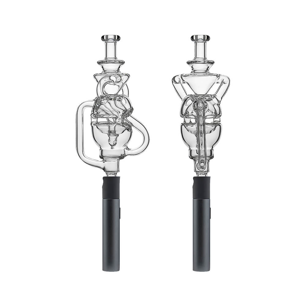 Two Calibear Fabcycler Pivot glass attachments showing complex internal recycling paths and fab egg holes on a white background.