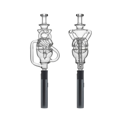 Two Calibear Fabcycler Pivot glass attachments showing complex internal recycling paths and fab egg holes on a white background.