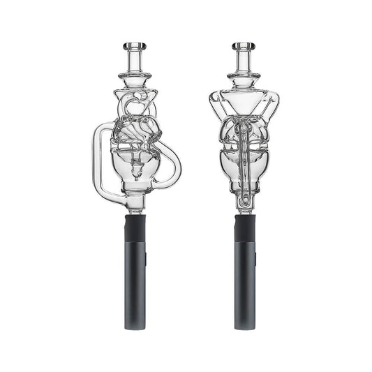 Two Calibear Fabcycler Pivot glass attachments showing complex internal recycling paths and fab egg holes on a white background.