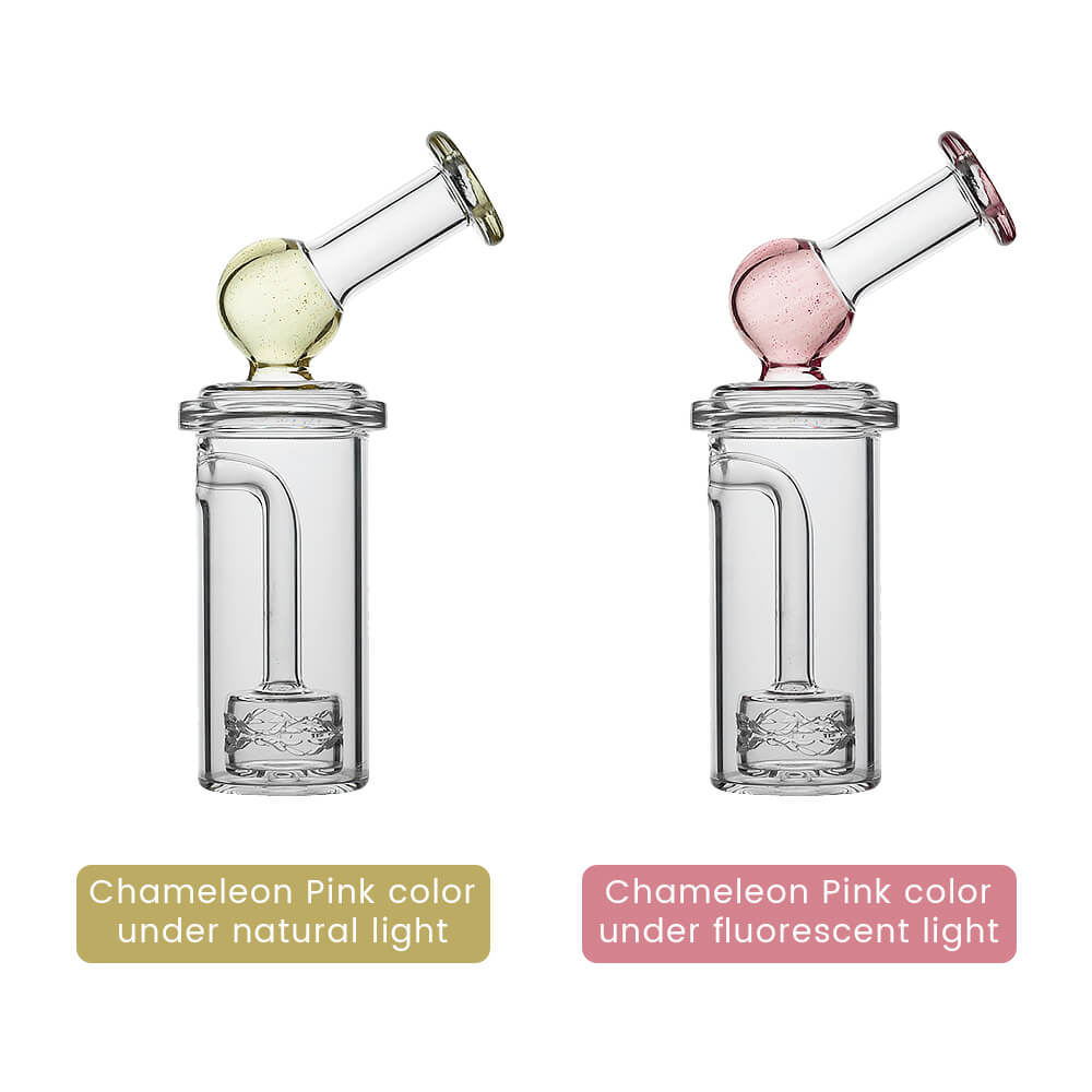 Calibear Curve Flow Sidecar glass attachment for Dr. Dabber Switch 2 featuring color-shifting Chameleon Pink glass and matrix percolator.
