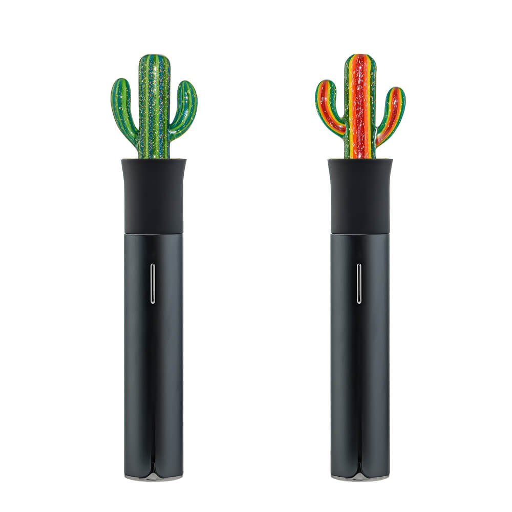 CaliBear Dichro Cactus glitter glass attachment for Puffco Pivot, featuring green and rainbow sparkle dichroic glass options.