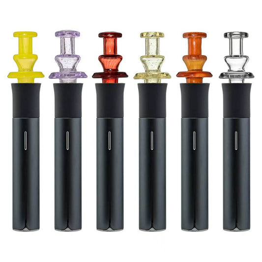 CaliBear Maria Cap color glass airflow mouthpiece for Puffco Pivot featuring a multi-ring Maria design in various colors like amber, blue, and red.