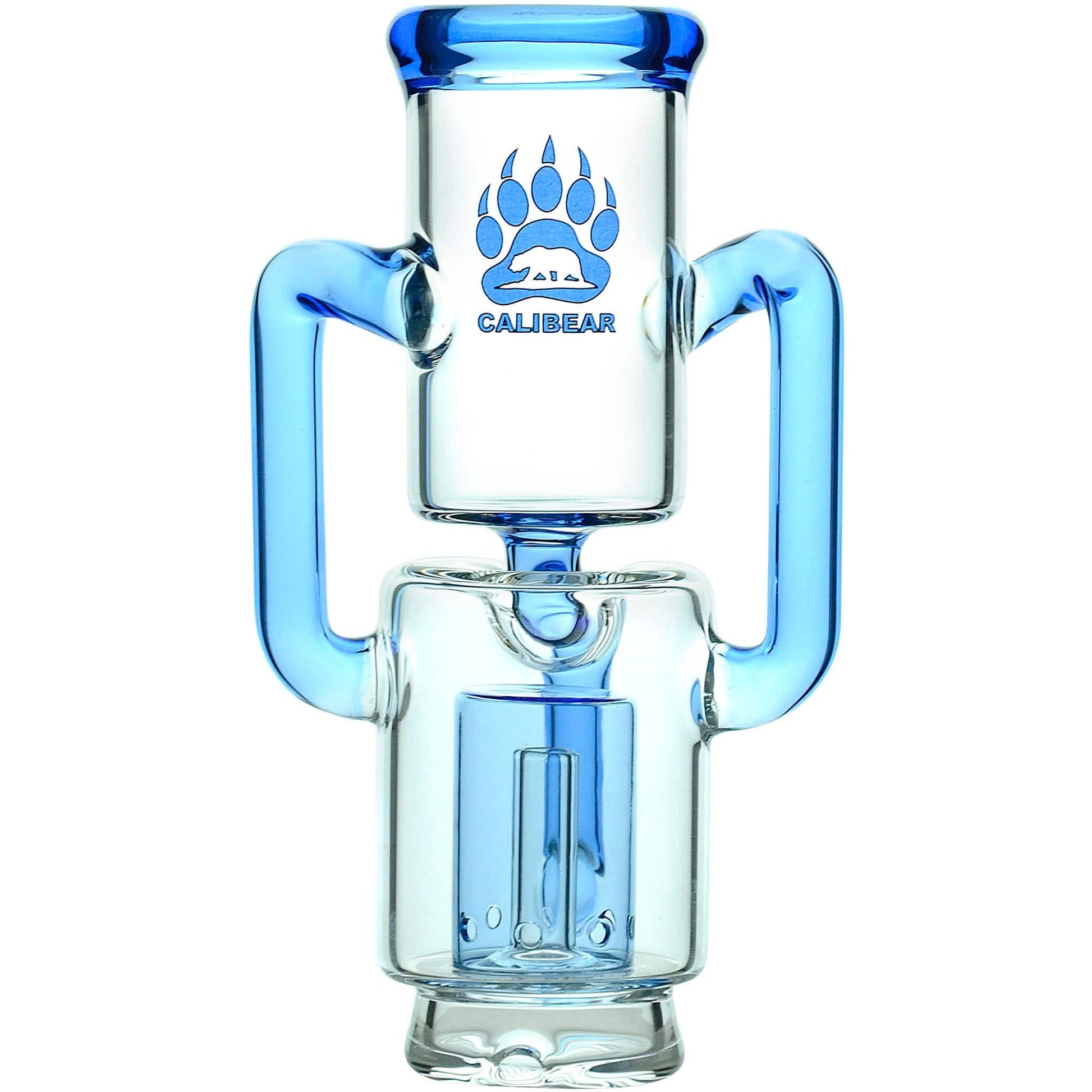 Calibear Recycler glass attachment in five colorways, including one blue unit mounted on a Focus V Carta e-rig base and four standalone clear, purple, smoky, and green units.