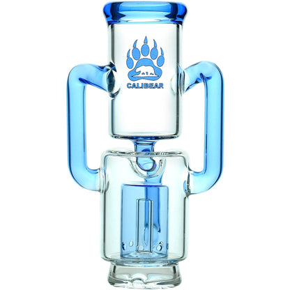 Calibear Recycler glass attachment in five colorways, including one blue unit mounted on a Focus V Carta e-rig base and four standalone clear, purple, smoky, and green units.