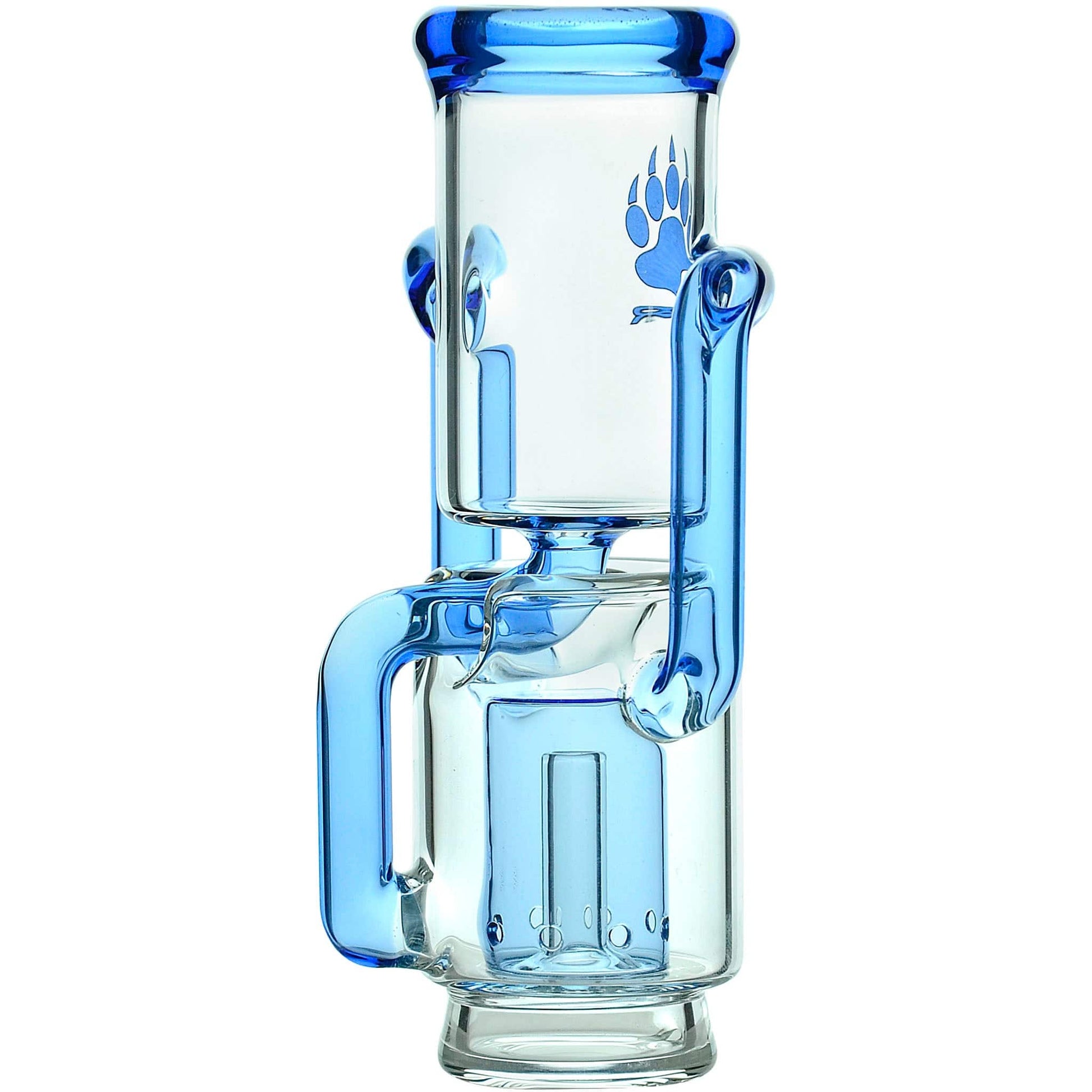 Calibear Recycler glass attachment in five colorways, including one blue unit mounted on a Focus V Carta e-rig base and four standalone clear, purple, smoky, and green units.