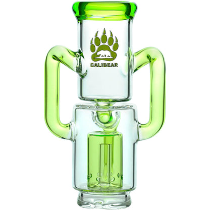 Calibear Recycler glass attachment in five colorways, including one blue unit mounted on a Focus V Carta e-rig base and four standalone clear, purple, smoky, and green units.