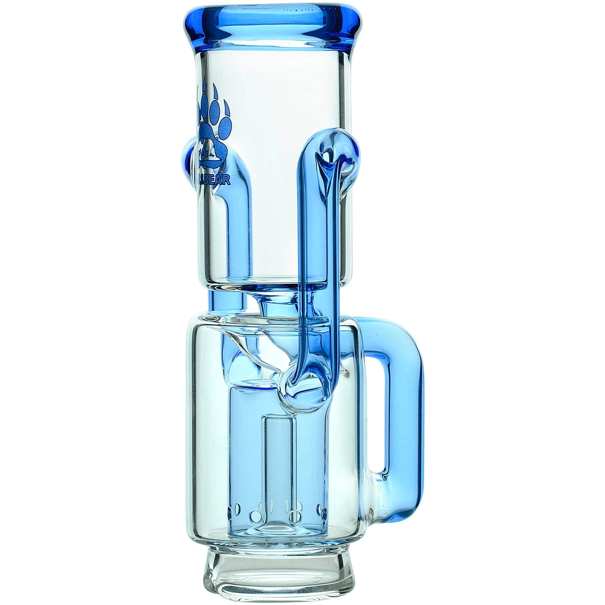 Calibear Recycler glass attachment in five colorways, including one blue unit mounted on a Focus V Carta e-rig base and four standalone clear, purple, smoky, and green units.