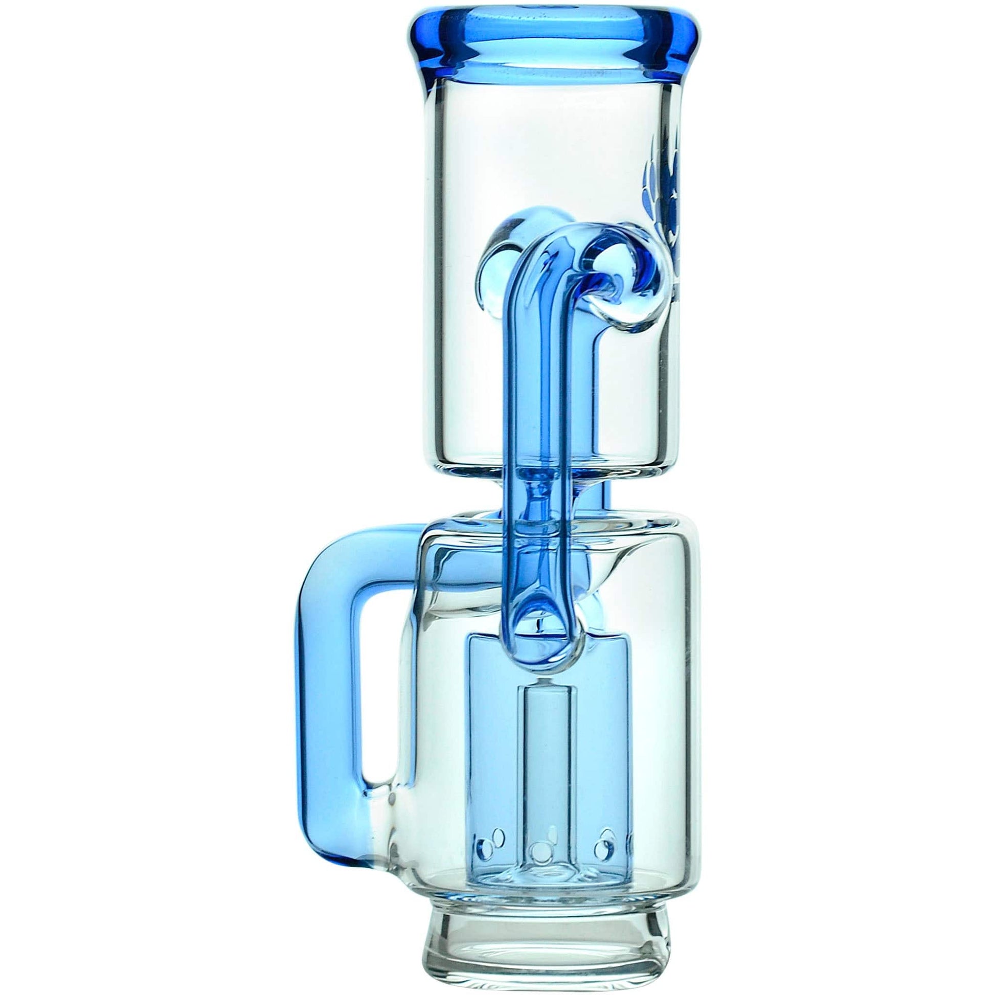 Calibear Recycler glass attachment in five colorways, including one blue unit mounted on a Focus V Carta e-rig base and four standalone clear, purple, smoky, and green units.