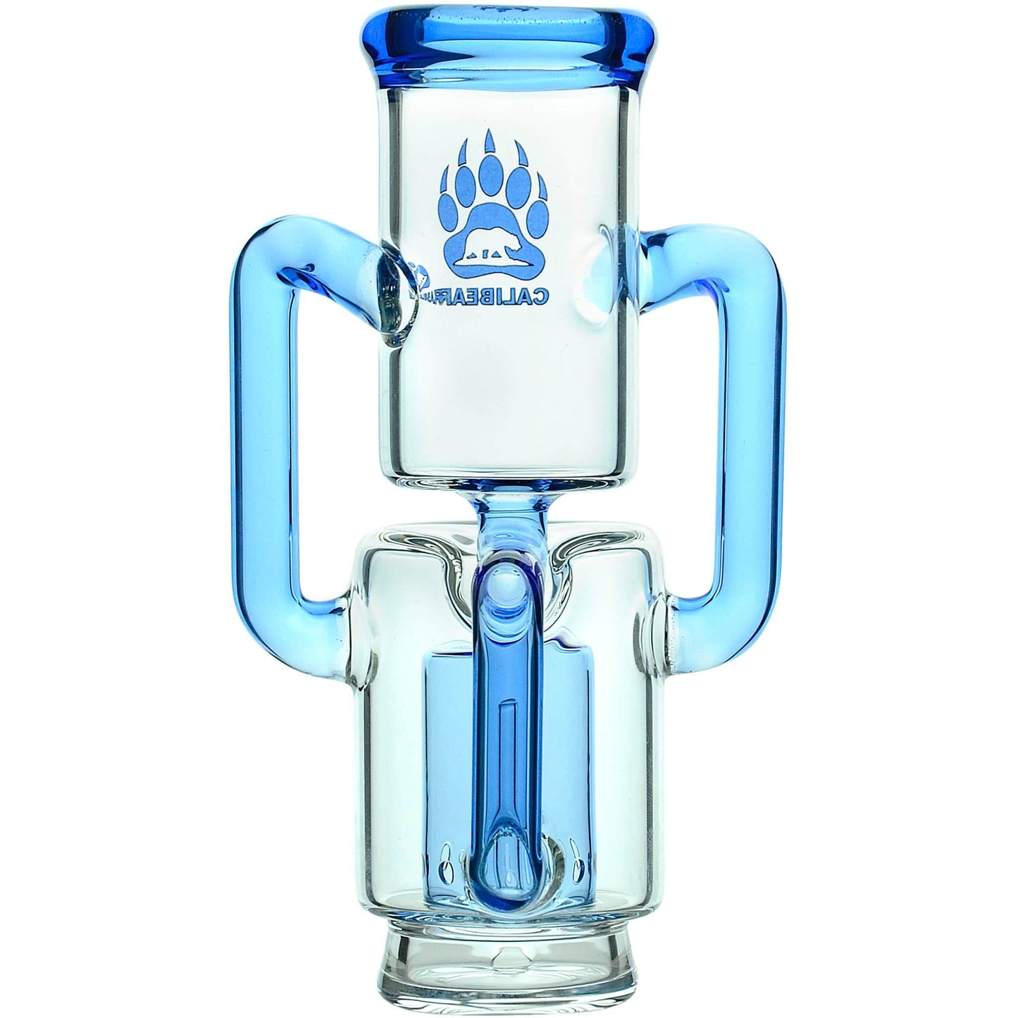 Calibear Recycler glass attachment in five colorways, including one blue unit mounted on a Focus V Carta e-rig base and four standalone clear, purple, smoky, and green units.