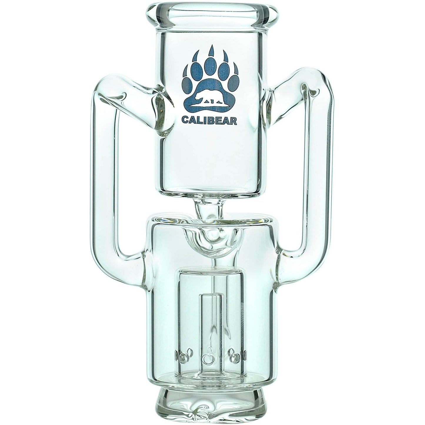 Calibear Recycler glass attachment in five colorways, including one blue unit mounted on a Focus V Carta e-rig base and four standalone clear, purple, smoky, and green units.