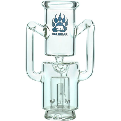Calibear Recycler glass attachment in five colorways, including one blue unit mounted on a Focus V Carta e-rig base and four standalone clear, purple, smoky, and green units.