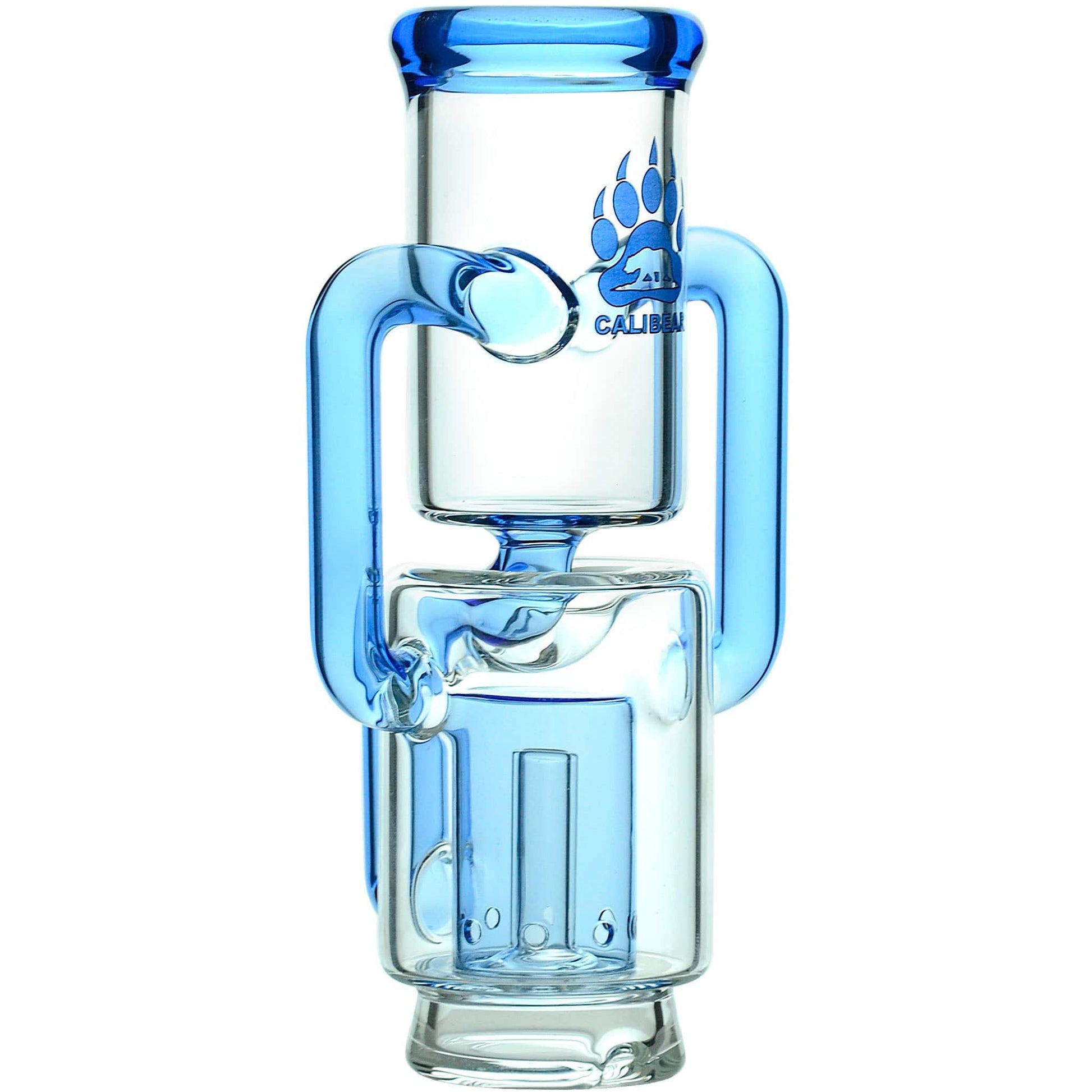 Calibear Recycler glass attachment in five colorways, including one blue unit mounted on a Focus V Carta e-rig base and four standalone clear, purple, smoky, and green units.