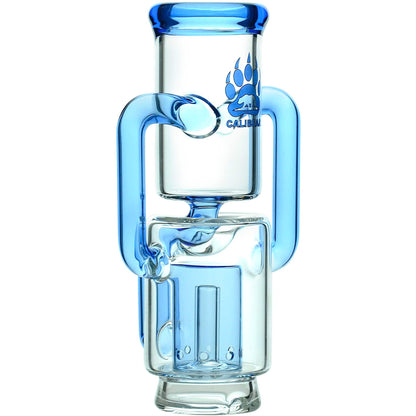 Calibear Recycler glass attachment in five colorways, including one blue unit mounted on a Focus V Carta e-rig base and four standalone clear, purple, smoky, and green units.