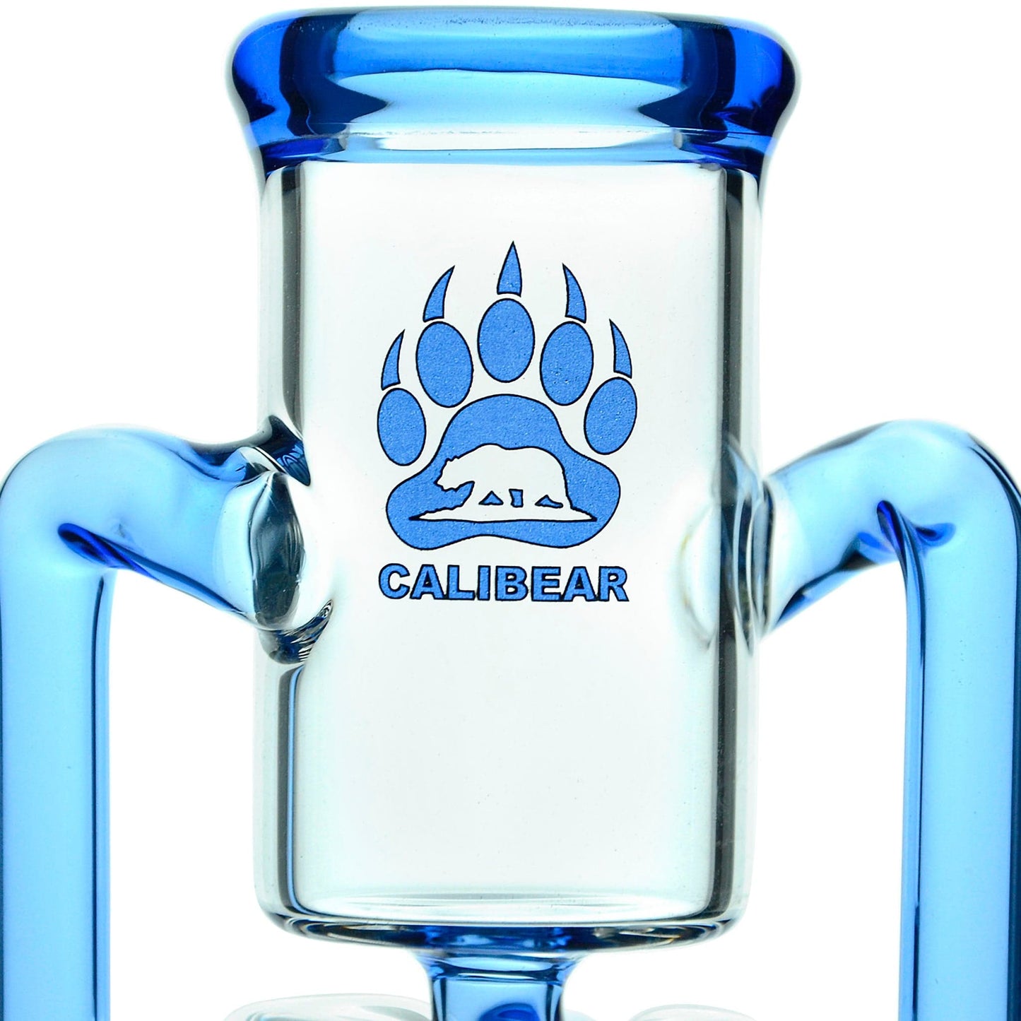 Calibear Recycler glass attachment in five colorways, including one blue unit mounted on a Focus V Carta e-rig base and four standalone clear, purple, smoky, and green units.