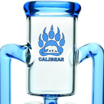 Calibear Recycler glass attachment in five colorways, including one blue unit mounted on a Focus V Carta e-rig base and four standalone clear, purple, smoky, and green units.