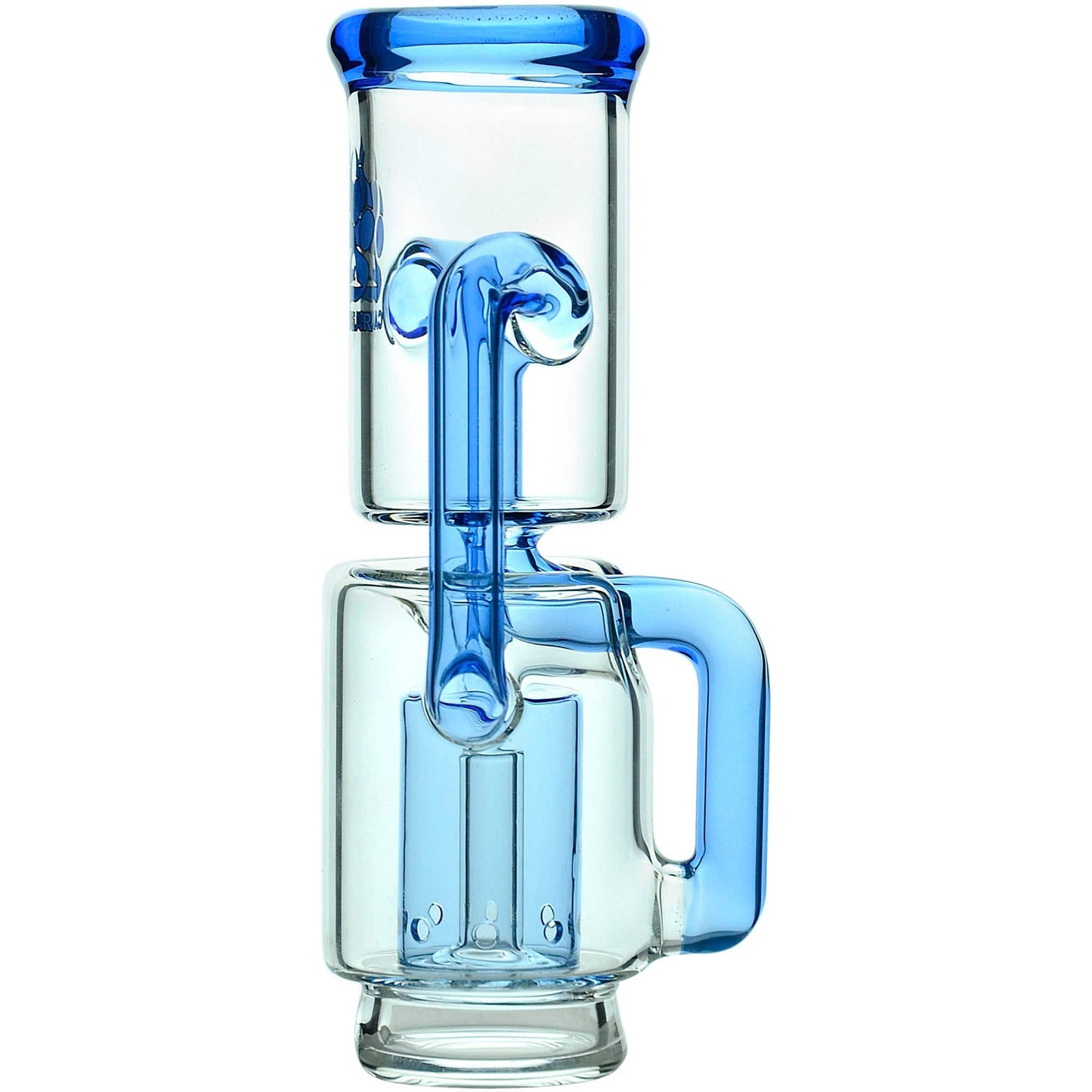 Calibear Recycler glass attachment in five colorways, including one blue unit mounted on a Focus V Carta e-rig base and four standalone clear, purple, smoky, and green units.