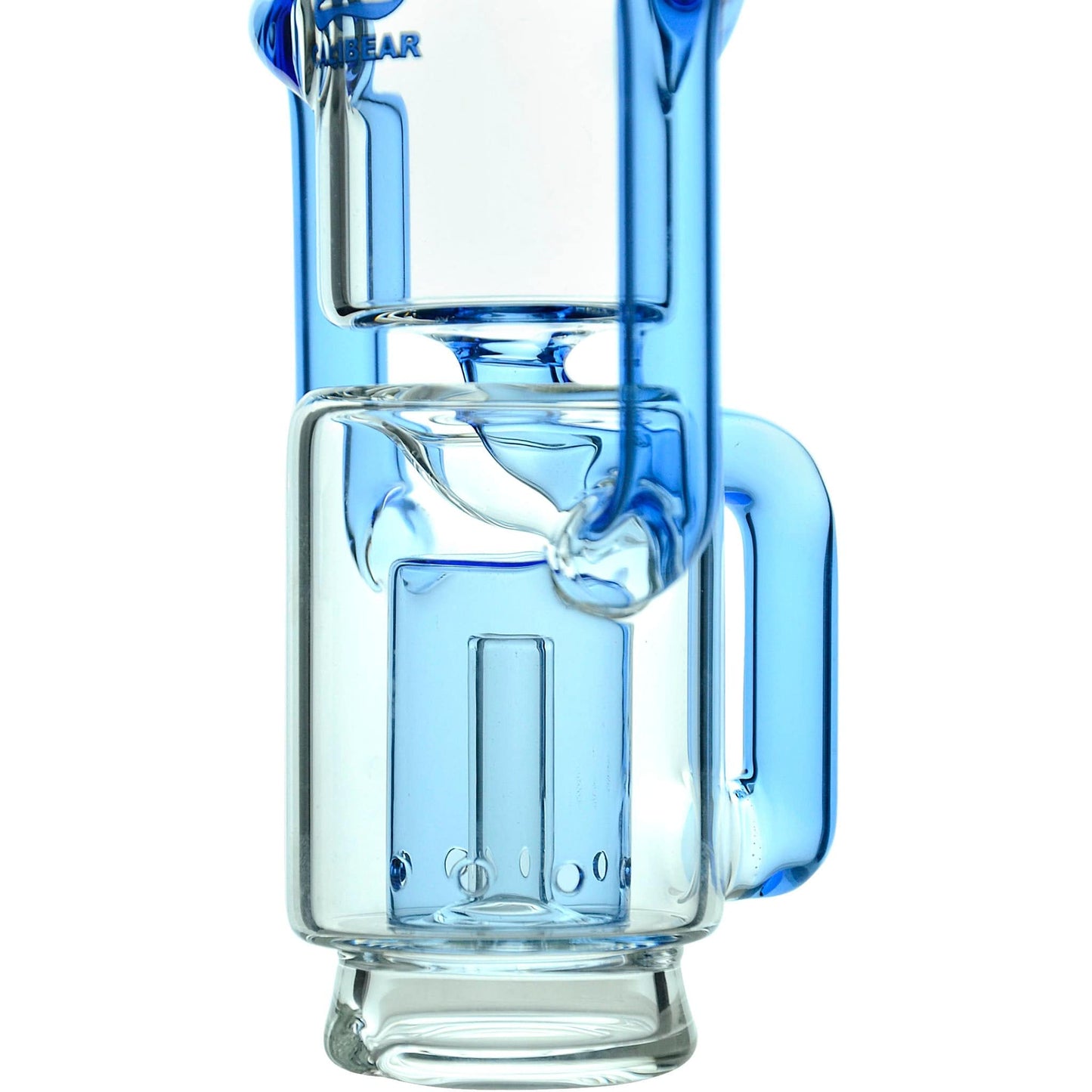 Calibear Recycler glass attachment in five colorways, including one blue unit mounted on a Focus V Carta e-rig base and four standalone clear, purple, smoky, and green units.