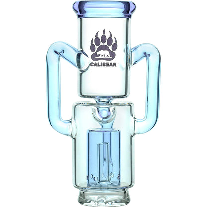 Calibear Recycler glass attachment in five colorways, including one blue unit mounted on a Focus V Carta e-rig base and four standalone clear, purple, smoky, and green units.