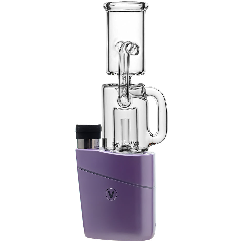 Calibear Recycler glass attachment in five colorways, including one blue unit mounted on a Focus V Carta e-rig base and four standalone clear, purple, smoky, and green units.