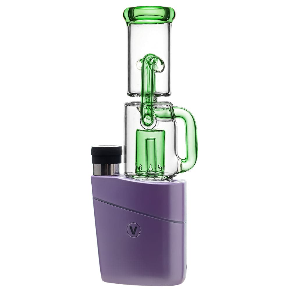 Calibear Recycler glass attachment in five colorways, including one blue unit mounted on a Focus V Carta e-rig base and four standalone clear, purple, smoky, and green units.