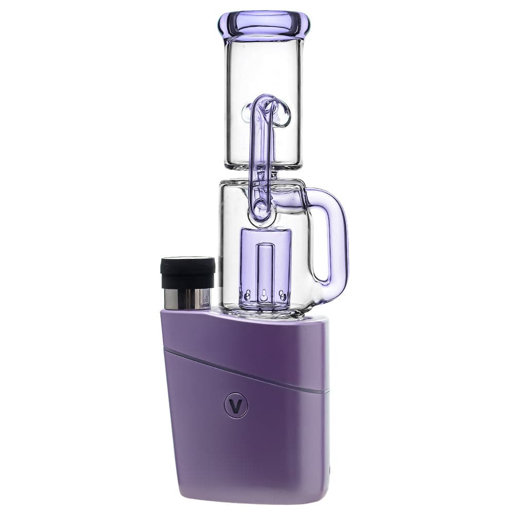 Calibear Recycler glass attachment in five colorways, including one blue unit mounted on a Focus V Carta e-rig base and four standalone clear, purple, smoky, and green units.