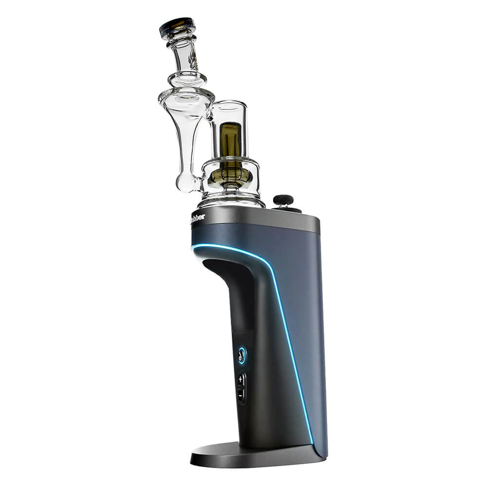 Calibear RBR Recycler Glass Attachment mounted on a Dr. Dabber Switch 2 device next to a standalone clear glass recycler attachment.