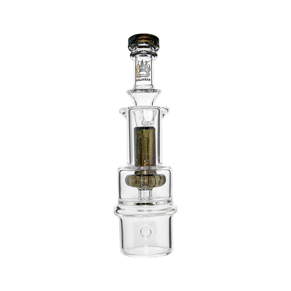 Calibear RBR Recycler Glass Attachment mounted on a Dr. Dabber Switch 2 device next to a standalone clear glass recycler attachment.