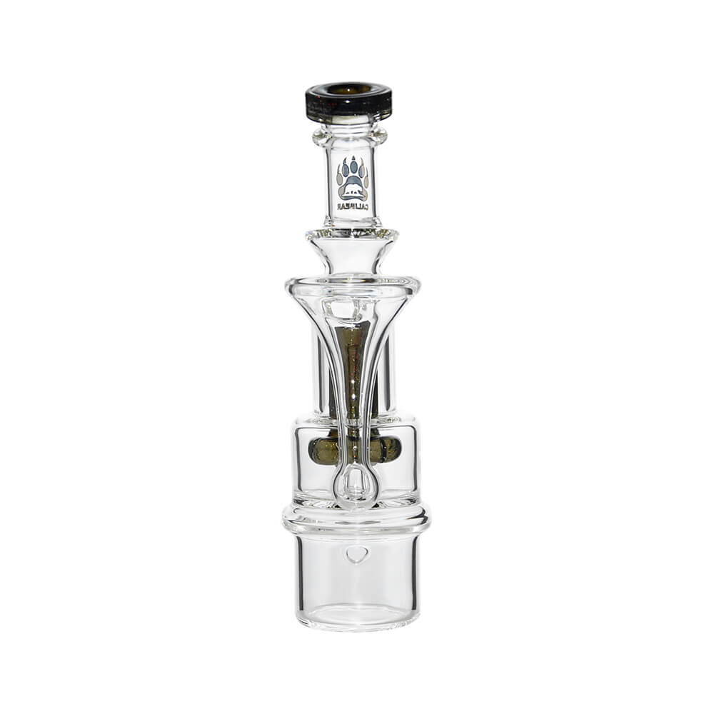 Calibear RBR Recycler Glass Attachment mounted on a Dr. Dabber Switch 2 device next to a standalone clear glass recycler attachment.