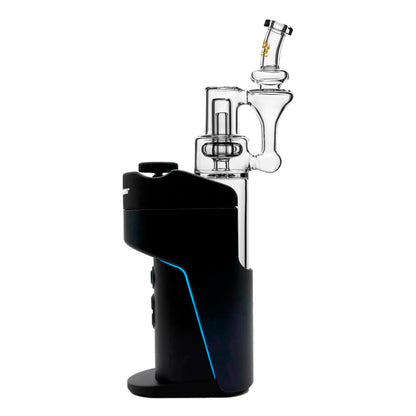 Calibear clear borosilicate RBR recycler glass attachment shown standalone and mounted on a black Dr. Dabber Switch e-rig base.