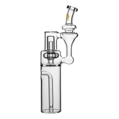 Calibear clear borosilicate RBR recycler glass attachment shown standalone and mounted on a black Dr. Dabber Switch e-rig base.