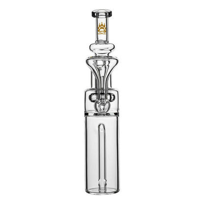 Calibear clear borosilicate RBR recycler glass attachment shown standalone and mounted on a black Dr. Dabber Switch e-rig base.