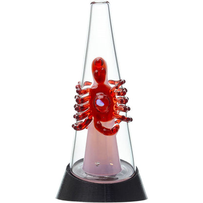 Four Calibear Decapod Puffco Peak replacement glass cones mounted on black e-rig bases, showcasing internal teal, yellow, red, and light-green hand-sculpted octopus figures wrap around the inner cone with a sparkling embedded opal eye.