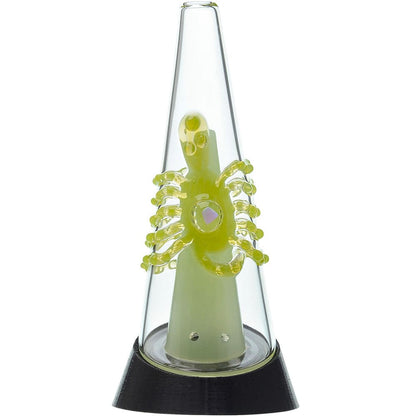 Four Calibear Decapod Puffco Peak replacement glass cones mounted on black e-rig bases, showcasing internal teal, yellow, red, and light-green hand-sculpted octopus figures wrap around the inner cone with a sparkling embedded opal eye.