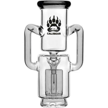 Calibear Recycler glass attachment in five colorways, including one blue unit mounted on a Focus V Carta e-rig base and four standalone clear, purple, smoky, and green units.