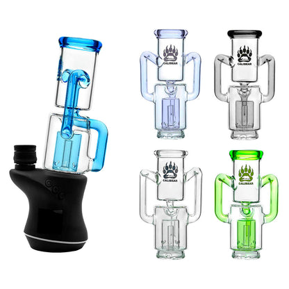 Calibear Recycler glass attachment in five colorways, including one blue unit mounted on a Focus V Carta e-rig base and four standalone clear, purple, smoky, and green units.