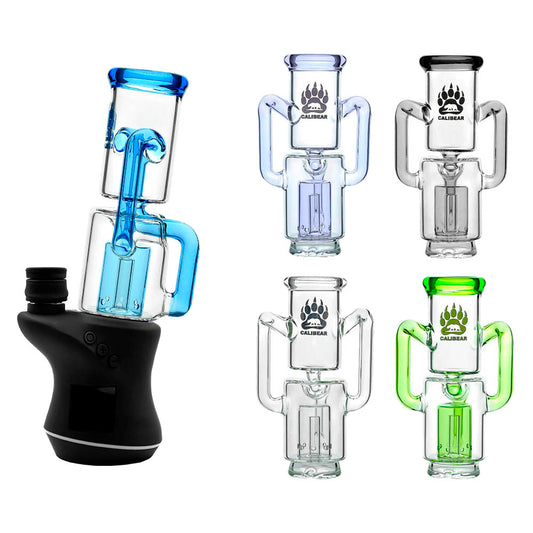 Calibear Recycler glass attachment in five colorways, including one blue unit mounted on a Focus V Carta e-rig base and four standalone clear, purple, smoky, and green units.