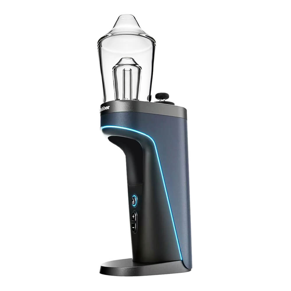 Shaker Glass Attachment for Dr. Dabber Switch 2 by Calibear Glass, shown attached to a blue Switch 2 device and standalone, featuring clear borosilicate glass and Calibear branding.