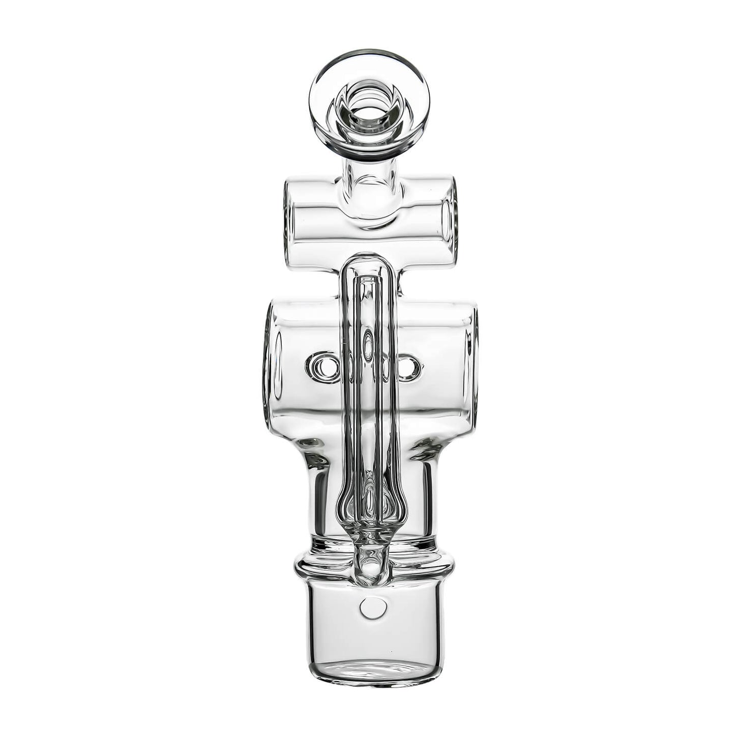 Calibear Swiss Barrel Glass Attachment for Dr. Dabber Switch 2 funcion video— featuring a compact clear borosilicate barrel-shaped body with Swiss-style circular percolator disc, dual side porthole windows, internal recycler loop, angled mouthpiece with disc cap, and precision-fit Switch 2 base adapter, displayed against white background.